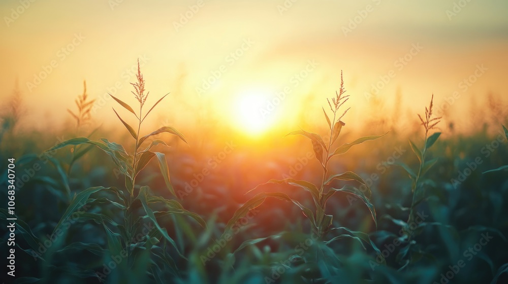 Fototapeta premium corn field or maize field at agriculture farm in the morning sunrise 