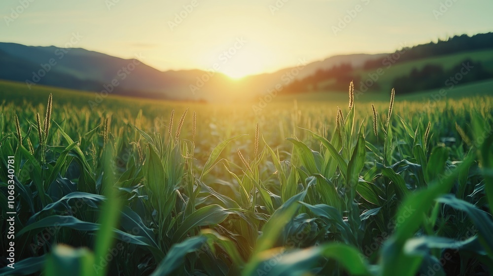 Fototapeta premium corn field or maize field at agriculture farm in the morning sunrise 