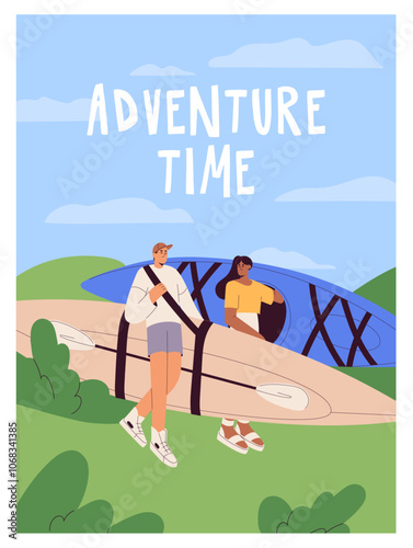 Inspirational poster with rafting river. Kayaking card design. People do extreme water sport, rowing with rowboats. Friends carry canoe, boats with paddles for floating. Flat vector illustration