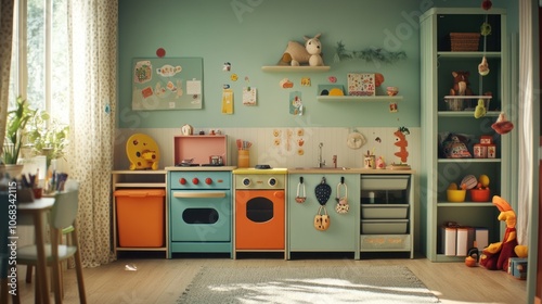 A colorful and playful children's play kitchen set in a light green room with wooden floors and a window.