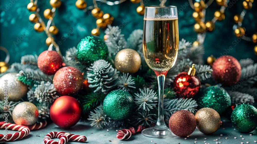 Christmas still life with champagne glass and festive decorations on dark blue turquoise background with glitter sparkle bokeh. New Year, Christmas holiday template design, celebration congratulation. Christmas still life with champagne glass and festive decorations on dark blue turquoise background with glitter sparkle bokeh. New Year, Christmas holiday template design, celebration congratulation.