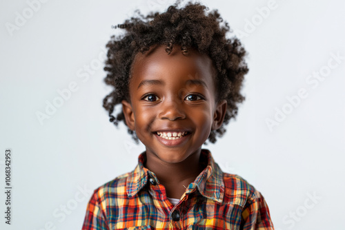 young african boy with bright smile, standing confidently in front of a simple white background. He is dressed in his casual, everyday attire, conveying sense of happiness and warmth.