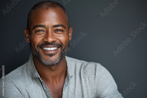 A mature black African man, aged 40-60, shows a calm and composed demeanor, with a warm smile that captures his thoughtful introspection and rich life experiences.