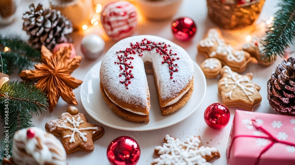 Fototapeta premium Festive dessert spread featuring a decorated cake and cookies on a cheerful holiday table.