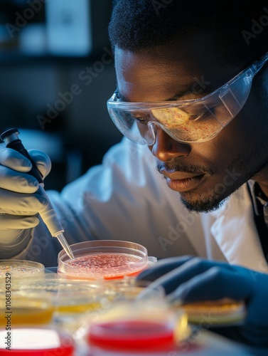 Vertical shot of African American male microbiology scientist wearing magnifying glasses working with pipette while studying microscopic organisms in petri dish at workstation in laboratory