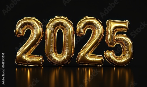 Golden 3D number balloons displaying 2025 with sparkling stars on a dark background, perfect for new year celebrations and festive events