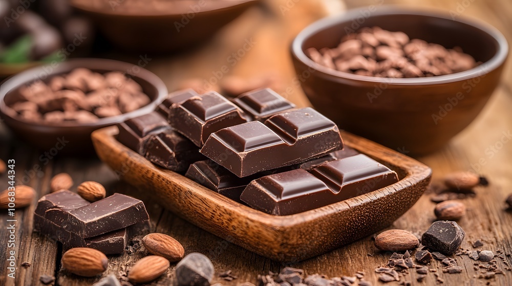 A delicious arrangement of dark chocolate pieces and cocoa beans on a wooden table. A delicious arrangement of dark chocolate pieces and cocoa beans on a wooden table.