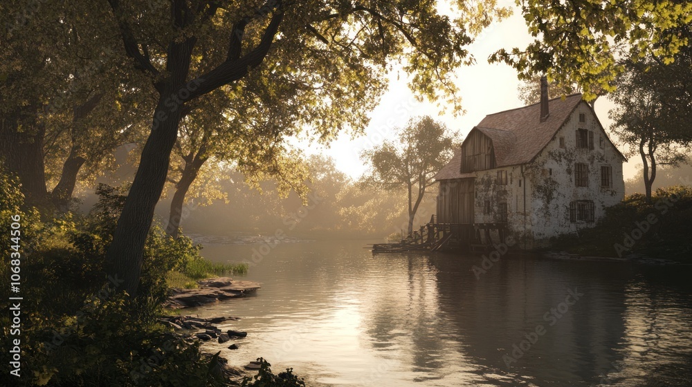 Fototapeta premium A historic mill by a river, surrounded by trees,
