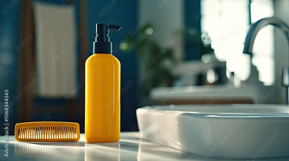Bright Yellow Cosmetic Bottle and Comb on Bathroom Counter Bright Yellow Cosmetic Bottle and Comb on Bathroom Counter