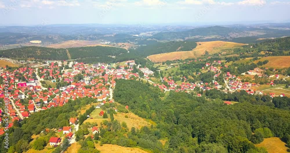 Aerial nature landscape flight over picturesque hills mountains forests meadows Aerial nature landscape flight over picturesque hills mountains forests meadows