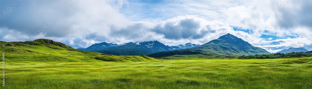Fototapeta premium Expansive grassy plains stretch beneath a dramatic cloudy sky, evoking a sense of tranquility and nature's beauty.