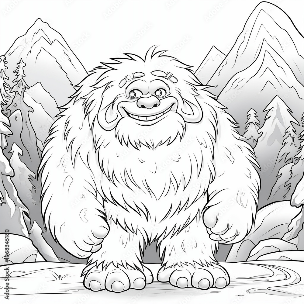 Cute cartoon bigfoot in a snowy mountains landscape. Yeti coloring page ...