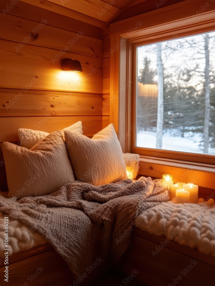 Fototapeta premium Cozy corner adorned with soft blankets and plush pillows, perfect for relaxation and comfort.