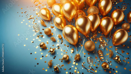 Gold balloons with festive confetti scattered on a bright blue background, symbolizing celebration and joy