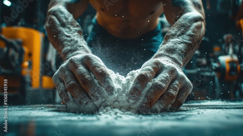 Chalk-coated hands preparing for intense workout. photo