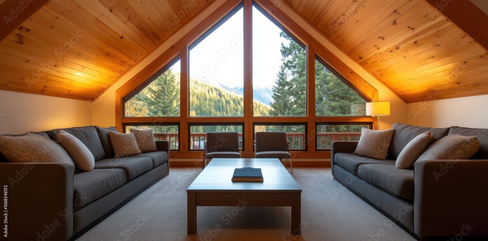 Cozy cabin interior featuring plush furnishings and warm decor for a relaxing retreat. Cozy cabin interior featuring plush furnishings and warm decor for a relaxing retreat.