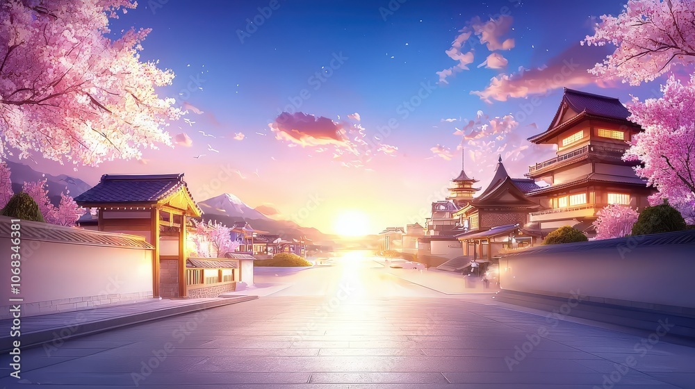 Obraz premium A picturesque anime cityscape at sunset, showcasing a blend of traditional and modern architecture, ideal for enhancing storytelling or artistic projects.