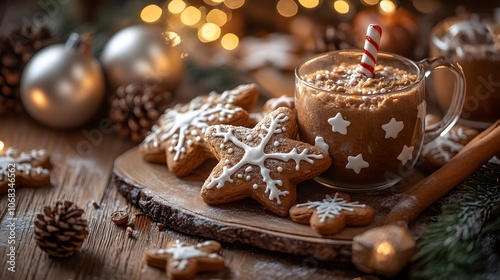 Festive holiday scene with a gingerbread latte and cookies on a wooden board.