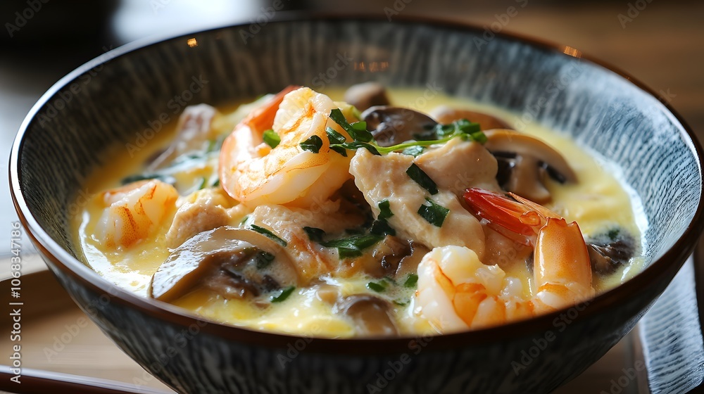 A bowl of chawanmushi, a savory steamed egg custard with shrimp, chicken, and mushrooms.
A bowl of chawanmushi, a savory steamed egg custard with shrimp, chicken, and mushrooms.