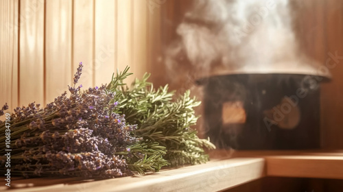 Relaxing sauna experience with aromatic herbs and soothing steam for wellness and relaxation