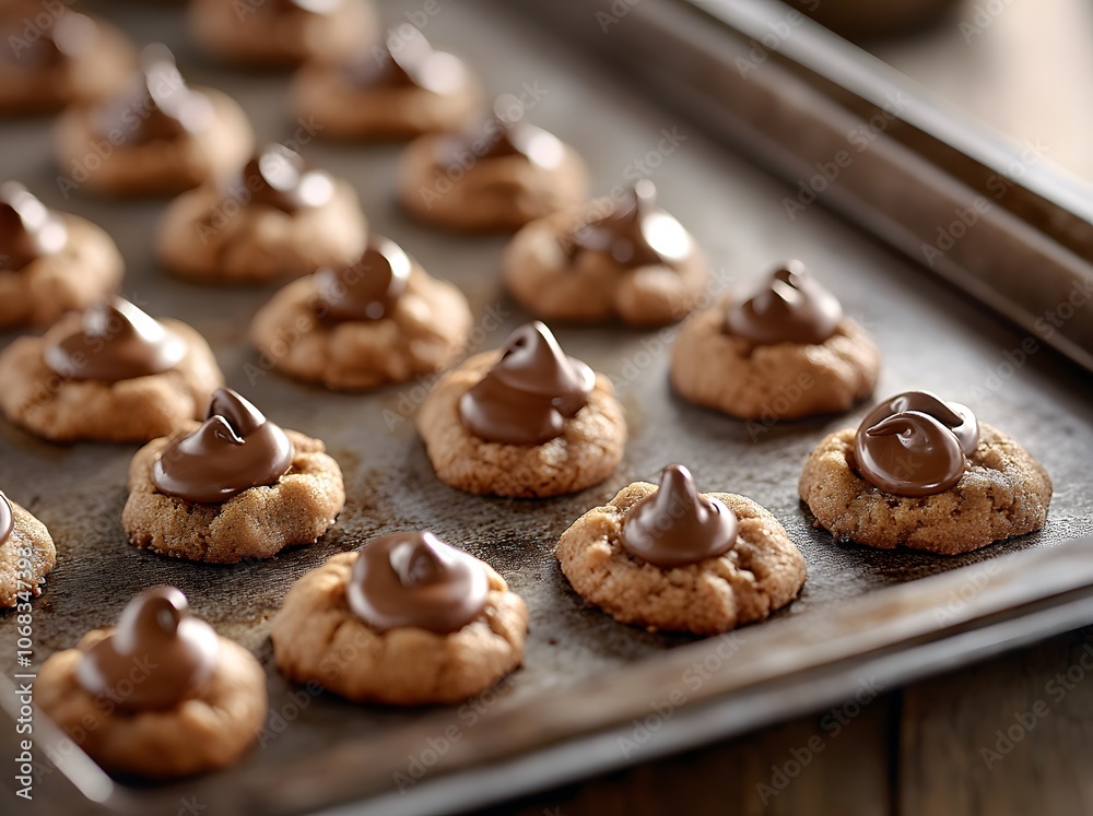 Freshly baked chocolate cookies ready to enjoy on a baking tray. Freshly baked chocolate cookies ready to enjoy on a baking tray.