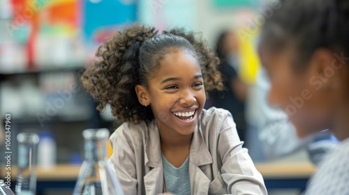 Smiling girl engaged in a classroom activity, vibrant background.