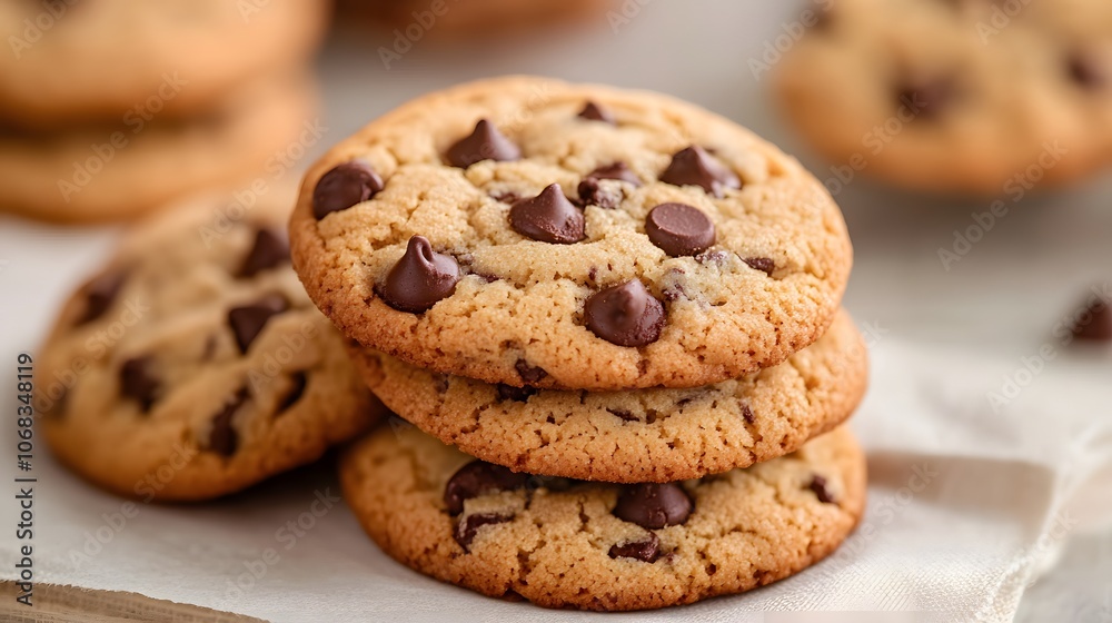 Delicious golden brown chocolate chip cookies, stacked and freshly baked. Delicious golden brown chocolate chip cookies, stacked and freshly baked.