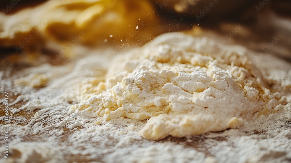 Close-up of flour on a wooden surface, capturing the texture and details of baking. Close-up of flour on a wooden surface, capturing the texture and details of baking.