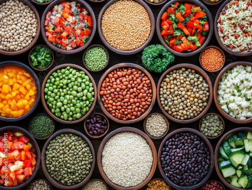 Nutrient-Rich Food Display Featuring Grains, Legumes, and Vegetables in Small Bowls