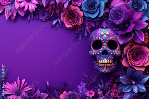 Colorful Sugar Skull with Floral Border on Purple Background