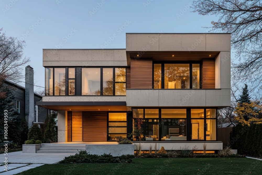 Ultra high-res evening view of a modern Toronto house with tan windows. Ultra high-res evening view of a modern Toronto house with tan windows.