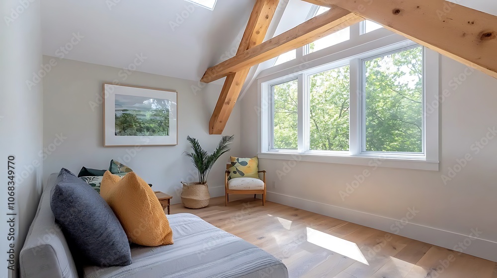 Obraz premium The interior of the cozy rustic farmhouse is filled with character and charm, featuring exposed wooden beams that add a touch of warmth and authenticity