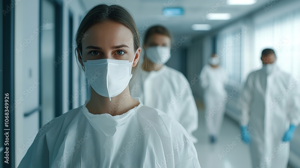 Medical staff wearing masks, standing attentively in a hospital corridor, focused and prepared for duty, conveying professionalism and readiness. Medical staff wearing masks, standing attentively in a hospital corridor, focused and prepared for duty, conveying professionalism and readiness.