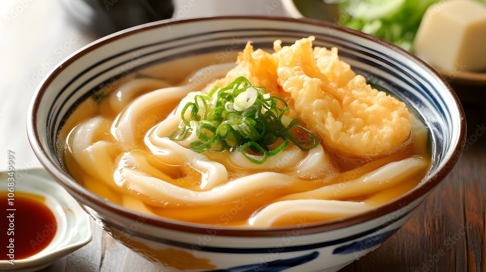 A bowl of udon, thick noodles served in a hot broth with tempura on the side.


