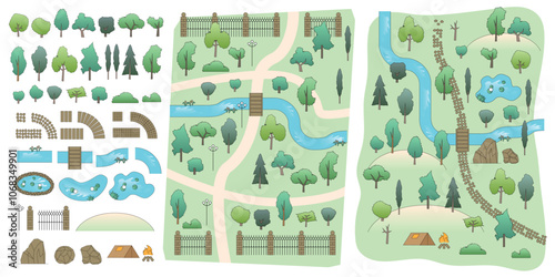 Top view to a set of icons for a park area, backyard, estate, forest, camping. Trees, shrubs, paths, sidewalks, ponds, bridge, river,  lantern, tent, bonfire. View from above. 