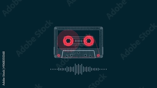 Animation of an audio cassette. 4K looped video clip for overlaying audio recordings: music, conversation, audiobooks and so on