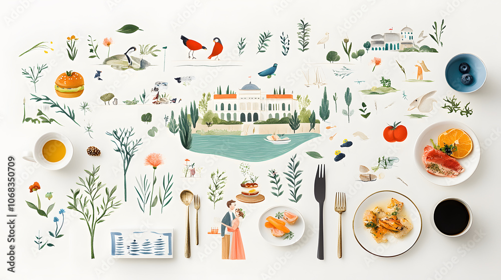 Whimsical wedding invitation with hand drawn illustrations and vibrant colors