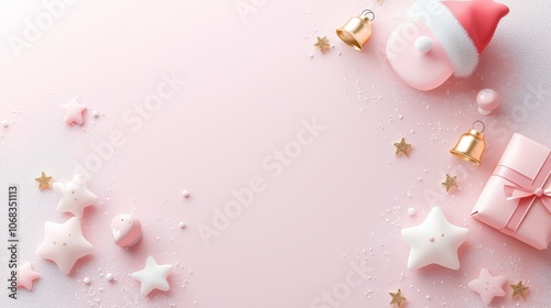 A soft, pastel Christmas background with cute elements like stars, bells, and tiny Santa hats scattered on a snow-dusted surface, perfect for a sweet holiday look