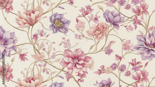 wallpaper with a flower and plant theme with a cream colored background