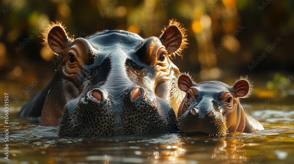 Fototapeta premium A mother and her baby hippo relax and play together in the water.
