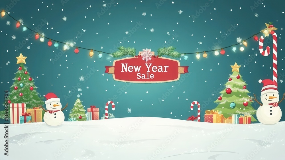 New Year Sale Banner with Christmas Trees and Snowmen. New Year Sale Banner with Christmas Trees and Snowmen.