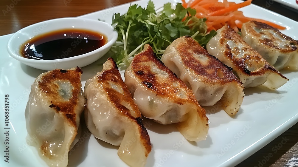A plate of gyoza, pan-fried dumplings stuffed with pork and vegetables, served with a soy-vinegar dipping sauce.
A plate of gyoza, pan-fried dumplings stuffed with pork and vegetables, served with a soy-vinegar dipping sauce.