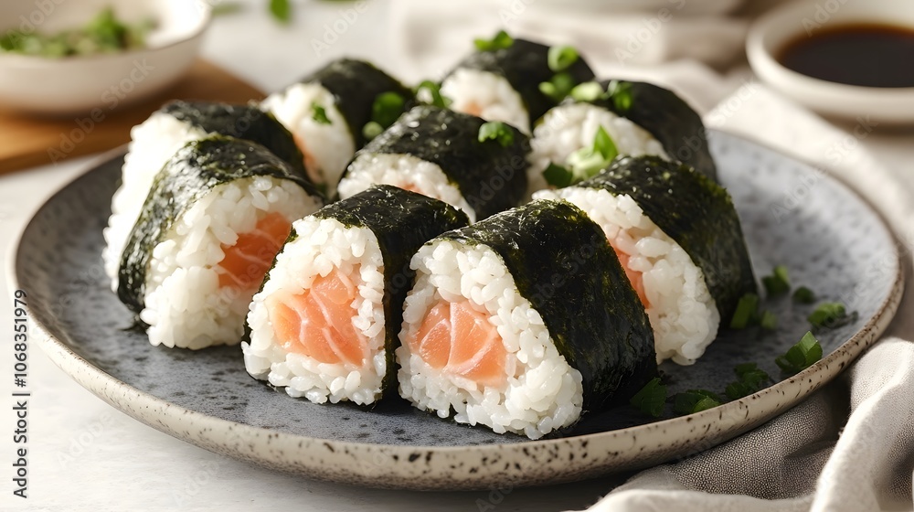 A plate of onigiri, rice balls wrapped in nori and filled with salmon, pickled plum, or tuna mayo.
A plate of onigiri, rice balls wrapped in nori and filled with salmon, pickled plum, or tuna mayo.