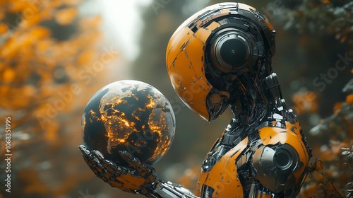 One robot holds an object, bending down to examine it closely.
