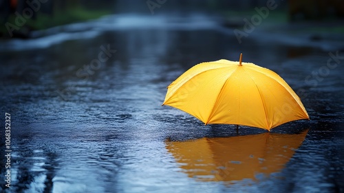 A vibrant yellow umbrella reflecting on a rainy street.