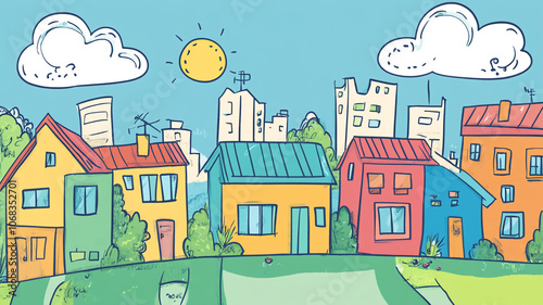 Happy Neighborhood: A cheerful illustration of colorful houses on a sunny day, evoking feelings of community and belonging. Perfect for children's books, real estate.