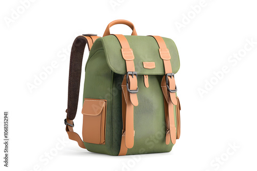 Retro camping backpack with leather straps, isolated on white background photo