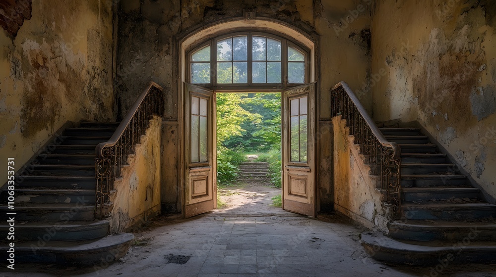 A hauntingly beautiful view of a decaying entrance with vibrant greenery outside. A hauntingly beautiful view of a decaying entrance with vibrant greenery outside.