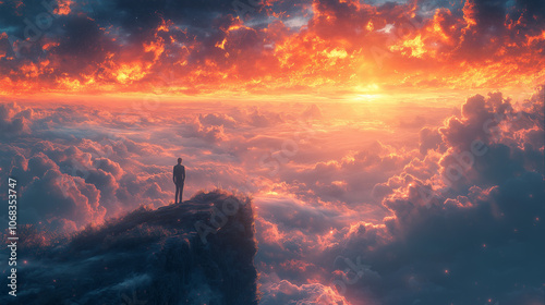man
standing on the edge of a cliff on the top of a high mountain in a calm and steady posture While the sun is soft Breaking through the clouds to shine on the entire world below.