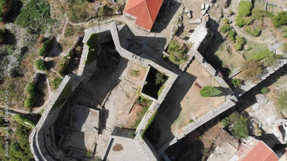 Aerial: Stari Bar or Bar old town in Montenegro. Drone zenital shot over the fortress Aerial: Stari Bar or Bar old town in Montenegro. Drone zenital shot over the fortress